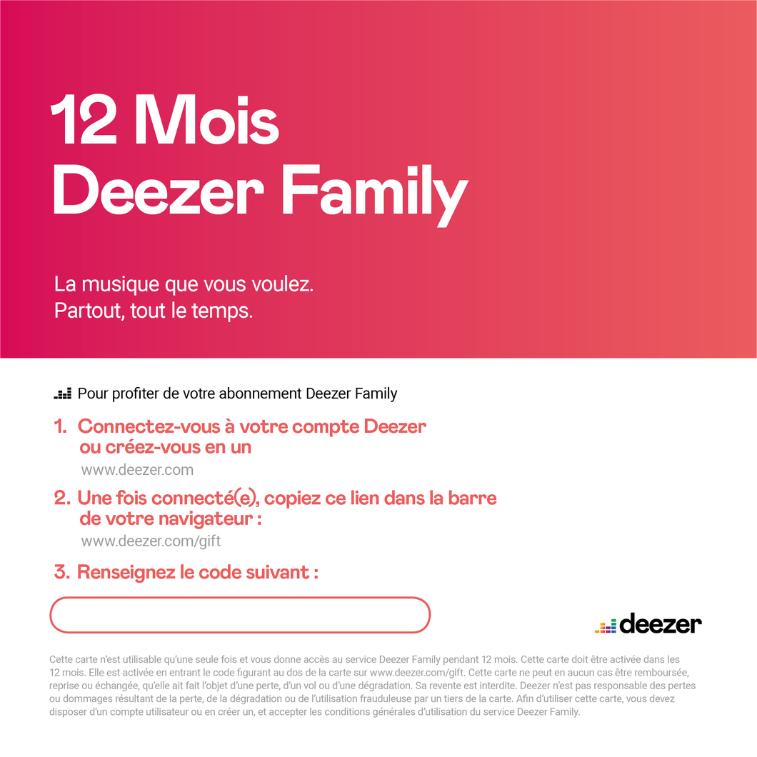 Deezer Famille (6 comptes) - E-carte